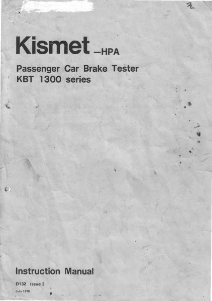 Kismet 1300 Roller Brake Tester Operators Instruction Manual